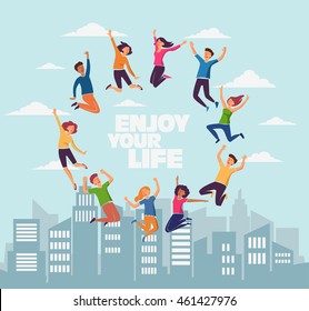 Group of young, smiling people jumping over city background with copy space. Stylish modern vector illustration with happy young men and women. Party, sport, dance and friendship team concept