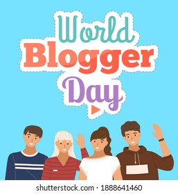 Grupo de jóvenes sonrientes graban un video de felicitaciones con el Día Mundial de los Bloggers. Tarjeta con un joven feliz y una chica saludando. Bloguee el hobby moderno o la profesión. Blogueo de campaña en medios sociales