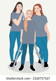Group of young smiling young women workers posing together in a robe with a ladder, vector in one layer.