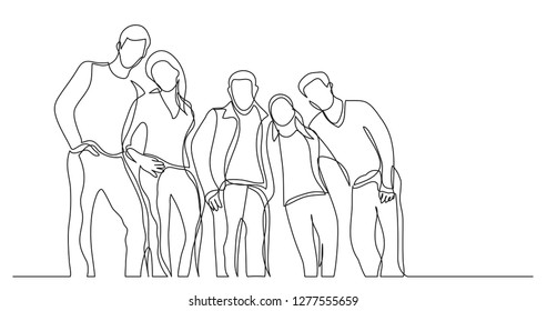 group of young student friends standing together posing smiling - one line drawing