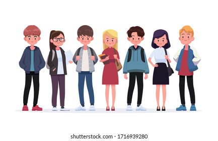 Group of young students. Flat style vector illustration isolated on white background.