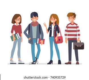 Group of young students. Flat style vector illustration isolated on white background.