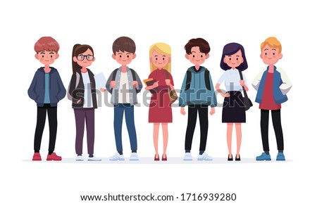 Group of young students. Flat style vector illustration isolated on white background. Foto stock © 