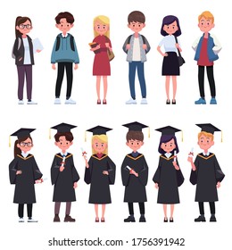 Group of young students. Group of graduating students standing together. Flat style vector illustration isolated on white background.