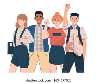 Group of young students. Happy girls and boys in casual clothes. Flat cartoon illustration