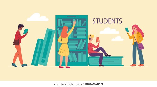Group of young students is spending time in university together. Young girls and boys holding books and laptops in library. Happy teenager in casual clothes. Flat cartoon vector illustration
