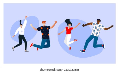 Group of young stylish joyful people jumping with raised hands. Happy positive young men and women rejoicing together. flat cartoon style. Vector illustration. Characters design. 