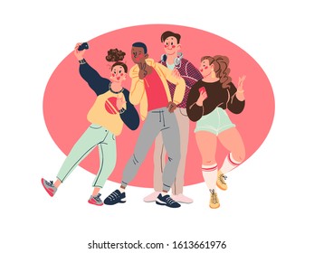 Group of young stylish modern teenagers people with smartphones and making selfie together isolated on white background. Vector flat illustration.