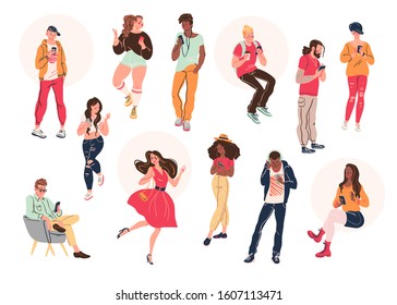 Group of young stylish people with smartphones chatting, internet serfing, smiling isolated on white background. Vector illustration.