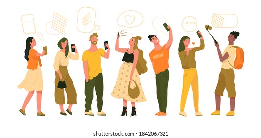 Group of young stylish women and men holdings smartphone, taking selfies. Selfies creative concepts. Flat cartoon vector illustration for designers templates