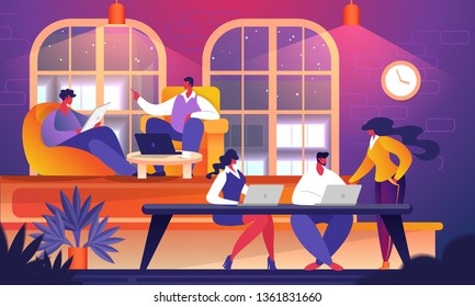 Group of Young Successful Business People, Startup Entrepreneurs Working with Gadgets on Venture in Coworking Space at Night Time. Teamwork Brainstorming Meeting. Cartoon Flat Vector Illustration.