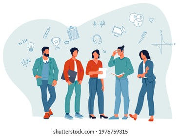 Group of young teachers, college or university students or scientists among various symbols of education and science, flat vector illustration isolated on white background.