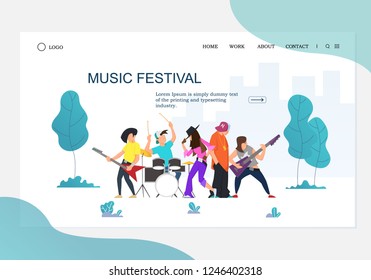 Group of young teenage men and women with mohawks singing and playing music during concert isolated on white background. Vector illustration in flat style can be used in the head of the web site