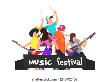 Group of young teenage men and women with mohawks singing and playing music during concert isolated on white background. Vector illustration in flat style isolated