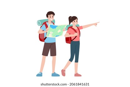Group of young tourist characters. Traveling tourists with travel backpack going on vacation trip after covid-19 virus was diminish. Vacation people isolated vector. Summer character, woman and man.