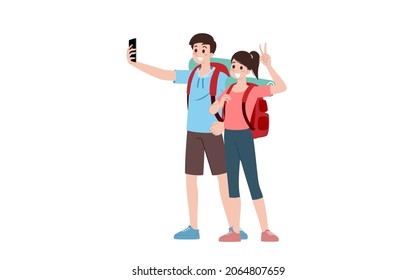 Group of young tourist characters. Traveling tourists with travel backpack going on vacation trip after covid-19 virus was diminish. Vacation people isolated vector. Summer character, woman and man.