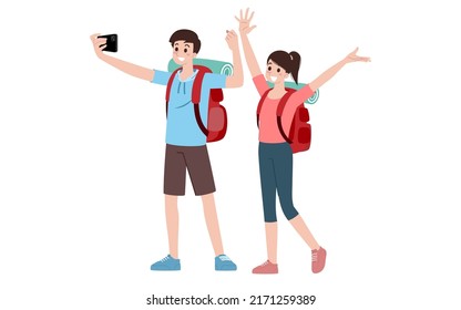 Group of young tourist characters. Traveling tourists with travel backpack going on vacation trip after covid-19 virus was diminish. Vacation people isolated vector. Summer character, woman and man.