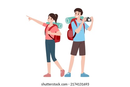 Group of young tourist characters. Traveling tourists with travel backpack going on vacation trip after covid-19 virus was diminish. Vacation people isolated vector. Summer character, woman and man.