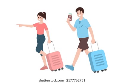 Group of young tourist characters. Traveling tourists with travel backpack going on vacation trip after covid-19 virus was diminish. Vacation people isolated vector. Summer character, woman and man.