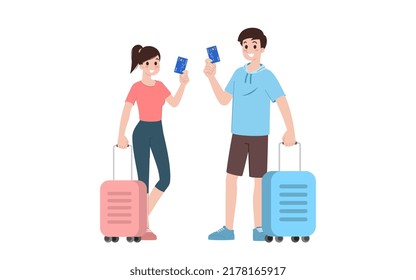Group of young tourist characters. Traveling tourists with travel backpack going on vacation trip after covid-19 virus was diminish. Vacation people isolated vector. Summer character, woman and man.