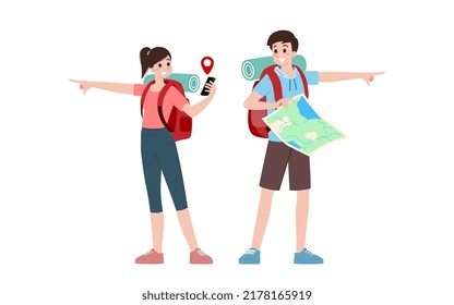 Group of young tourist characters. Traveling tourists with travel backpack going on vacation trip after covid-19 virus was diminish. Vacation people isolated vector. Summer character, woman and man.