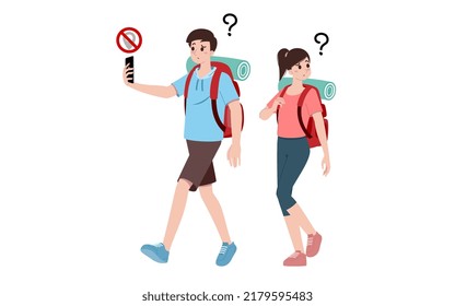 Group of young tourist characters. Traveling tourists with travel backpack going on vacation trip after covid-19 virus was diminish. Vacation people isolated vector. Summer character, woman and man.