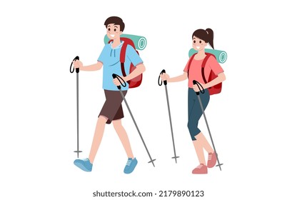 Group of young tourist characters. Traveling tourists with travel backpack going on vacation trip after covid-19 virus was diminish. Vacation people isolated vector. Summer character, woman and man.
