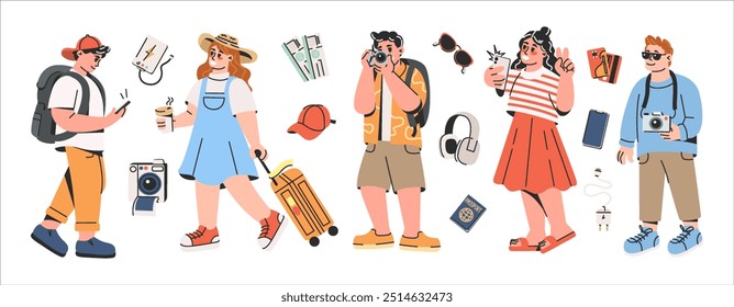 Un grupo de jóvenes turistas con cámaras, mochilas y equipo de viaje disfrutando de la exploración de la ciudad. La ilustración captura la esencia del turismo urbano y la cultura de viajes moderna. Ilustración vectorial