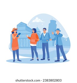 A group of young tourists in Pisa, Italy. Listening to a guide's explanation about a famous monument. Tourist Guide concept. trend modern vector flat illustration