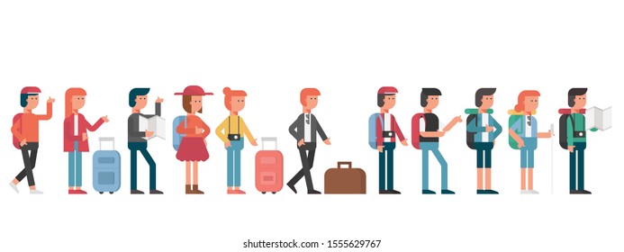 group of young travel people standing in queue with luggage, men and women on journey trip, passengers, tourists cartoon character flat vector illustration.