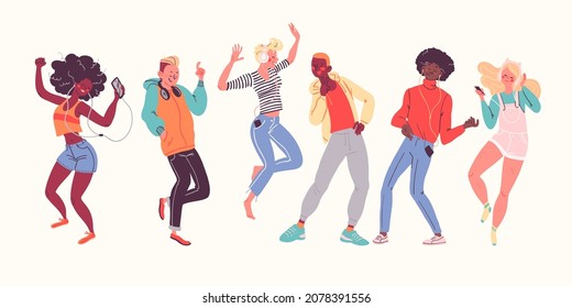 Group of young trendy people using phones, listening music in headphones, dancing, making selfie isolated. Multiracial teens characters portraits. Vector flat cartoon illustration.  