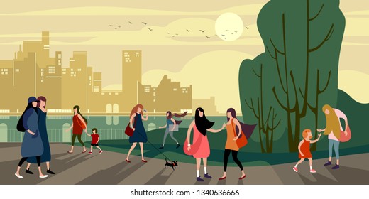 A group of young urban people walk in the evening summer city quay. Vector illustration.