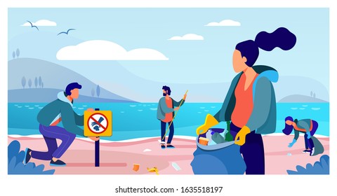 Group of young volunteers collecting trash on ocean beach flat vector illustration. Ecology and clean planet concept. People cleaning environment nature together