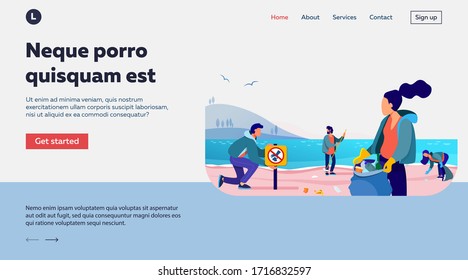 Group of young volunteers collecting trash on ocean beach flat vector illustration. Ecology and clean planet concept. People cleaning environment nature together
