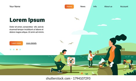 Group of young volunteers collecting trash on ocean beach flat vector illustration. Ecology and clean planet concept. People cleaning environment nature together
