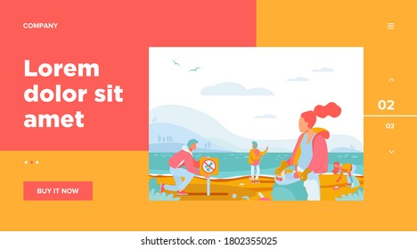 Group of young volunteers collecting trash on ocean beach flat vector illustration. Ecology and clean planet concept. People cleaning environment nature together