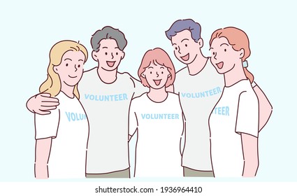 Group of young volunteers. Teamwork and volunteer concept. Hand drawn in thin line style, vector illustrations.