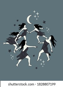 A group of young witches dancing under the moonlight. Witchcraft vector illustration.