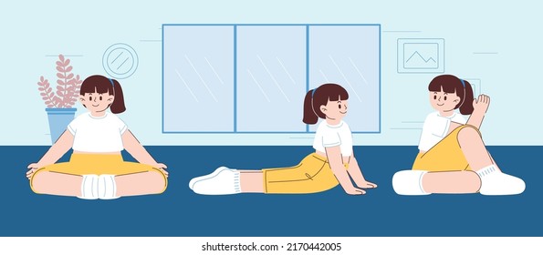 Group of young woman do exercise or practicing yoga, pose on the floor at home in cartoon character, vector illustration