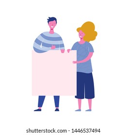 Group of young woman and man standing together and holding blank banner. People taking part in parade or protest. Male and Female activists. Flat cartoon colorful vector illustration