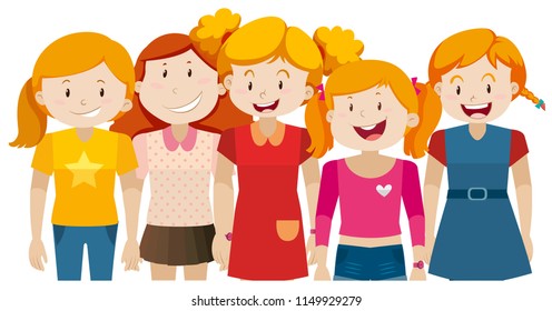 A group of young woman on white background illustration