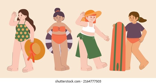 Group of young woman in swimming suit with equipment in cartoon character, vector illustration