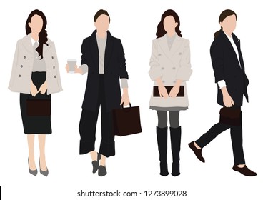 Group of young woman, wearing variety suit style in standing pose set - White background  Vector