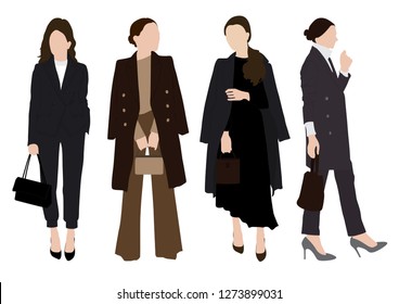 Group of young woman, wearing variety suit style in standing pose set - White background  Vector