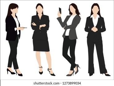 Group of young woman, wearing variety suit style in standing pose set - White background  Vector