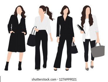 Group of young woman, wearing working outfits in standing pose set. Business woman in white background  Vector