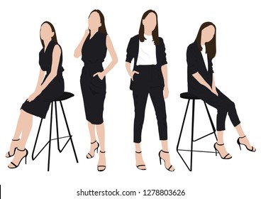 Group of young woman, wearing working outfits in standing and sitting pose set. Business woman in white background  Vector