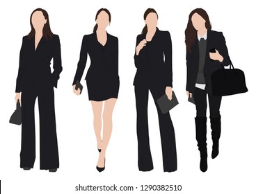 Group of young woman, wearing working outfit. Fashion style woman standing pose in white background set. - Vector 