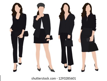 Group of young woman, wearing working outfits in standing pose set. Stylish Business woman in white background Vector 