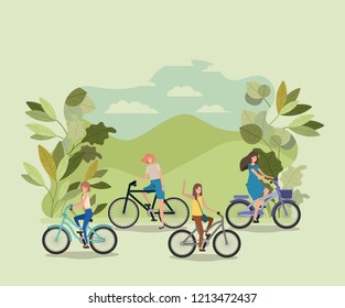 group of young women in bicycle on park